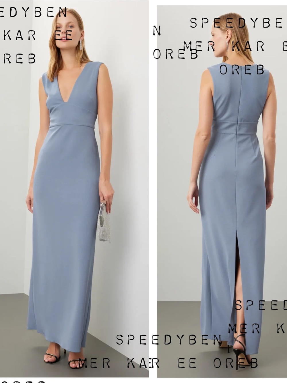 Sachin & Babi Loretta Gown Slate Blue Deep V Sleeveless Evening dress size 4